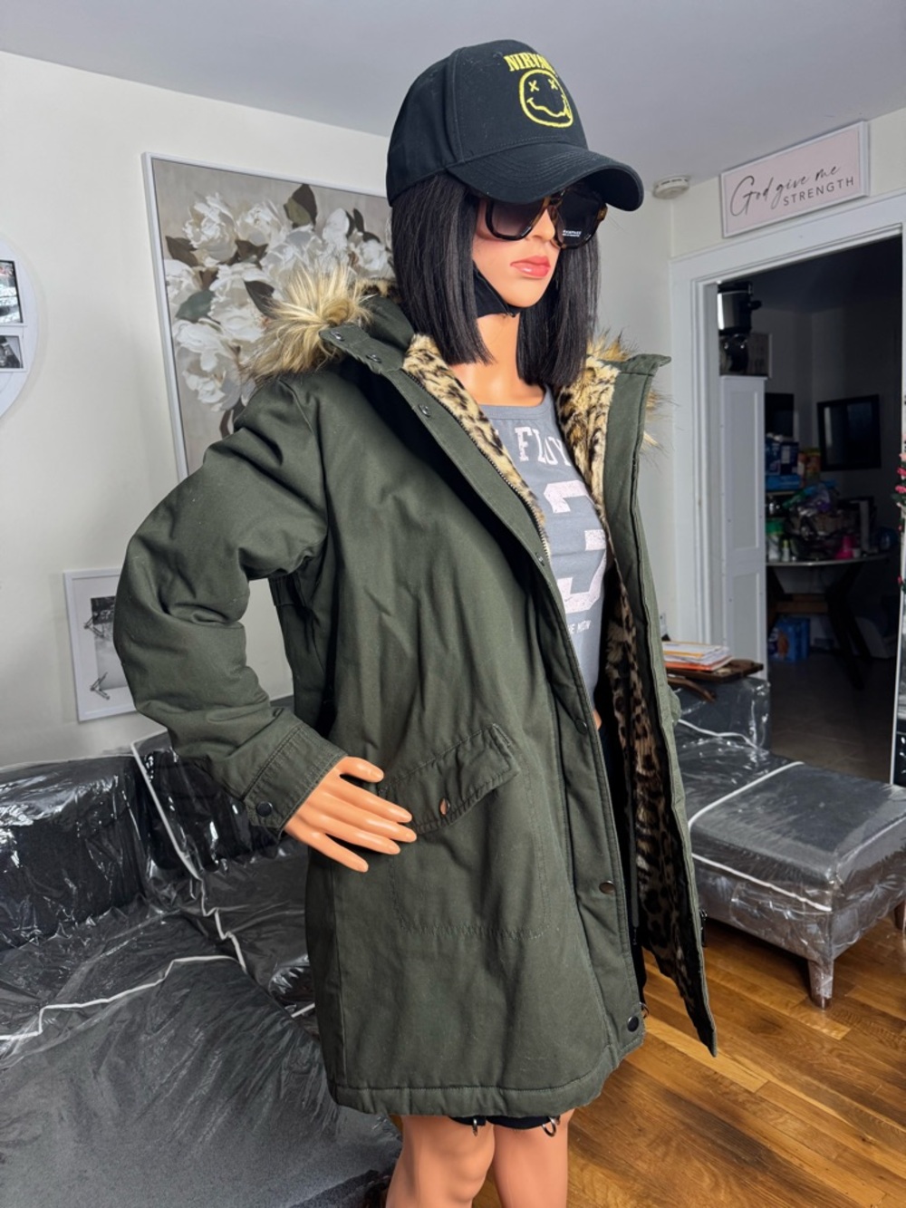 Forever 21 Olive Green Parka Faux Fur Hood Leopard Lining Winter Jacket Coat NWT